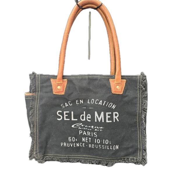 Myra Bags Upcycled Canvas Sel De Mer France Fringe Tote Bag Womens Navy - Picture 1 of 5